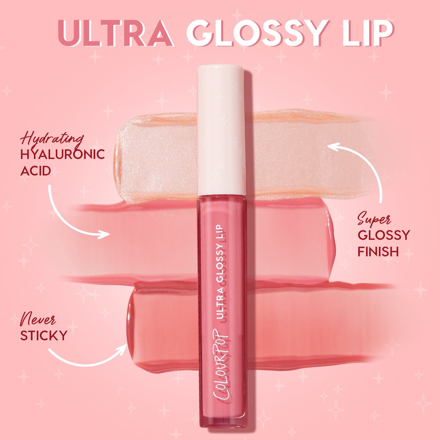 ColourPop Ultra Glossy Lip in Bubblegum shines in a clear tube with white cap, shown over rosy and pearl swatches; hydrating hyaluronic acid formula delivers a super glossy, high-shine, never-sticky finish for a pink, juicy lip look.
