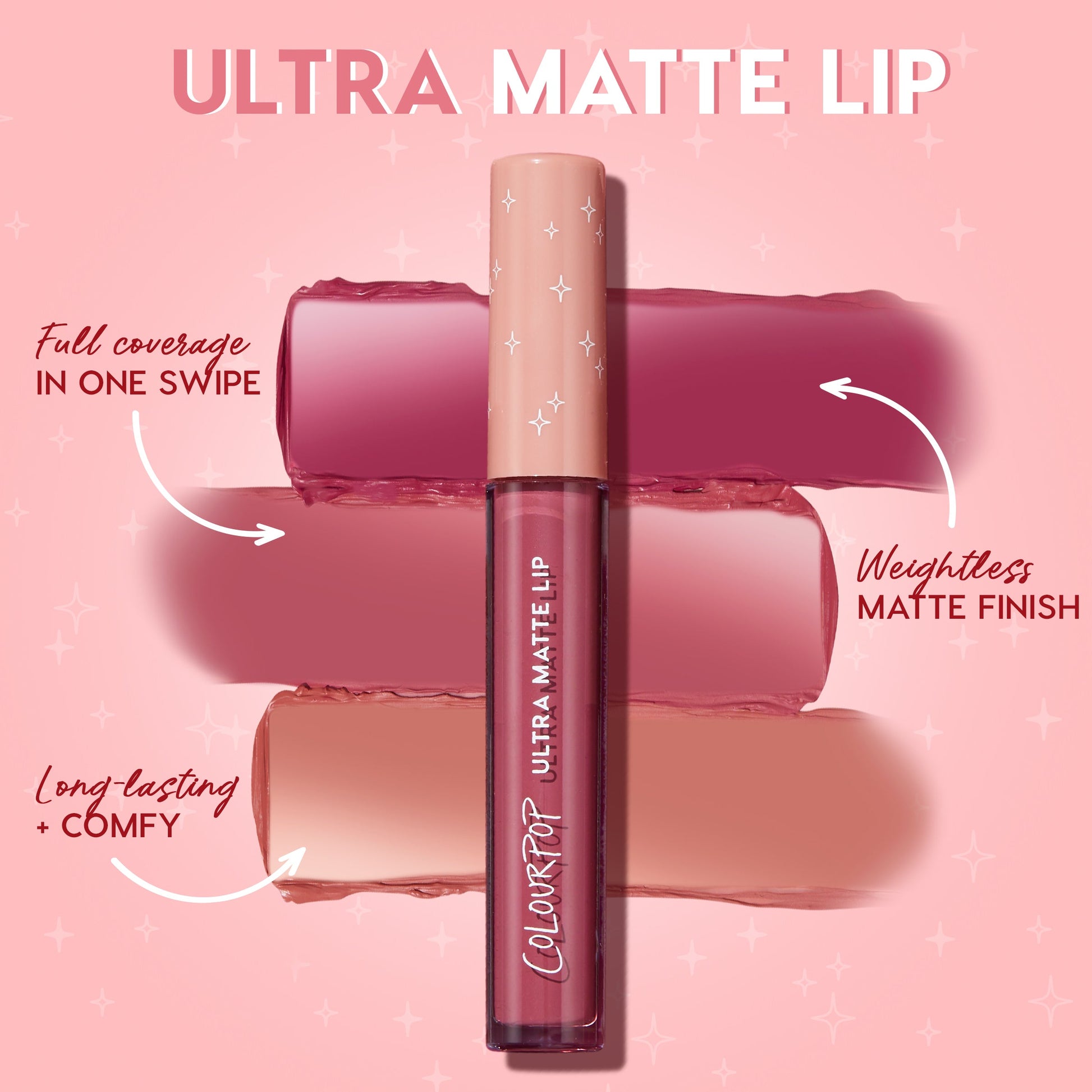 ColourPop Ultra Matte Lip in Bumble displayed upright against three rosy‑nude swatches, emphasizing full coverage in one swipe, weightless matte finish, and long‑lasting, comfy wear for a rose‑mauve lip color.