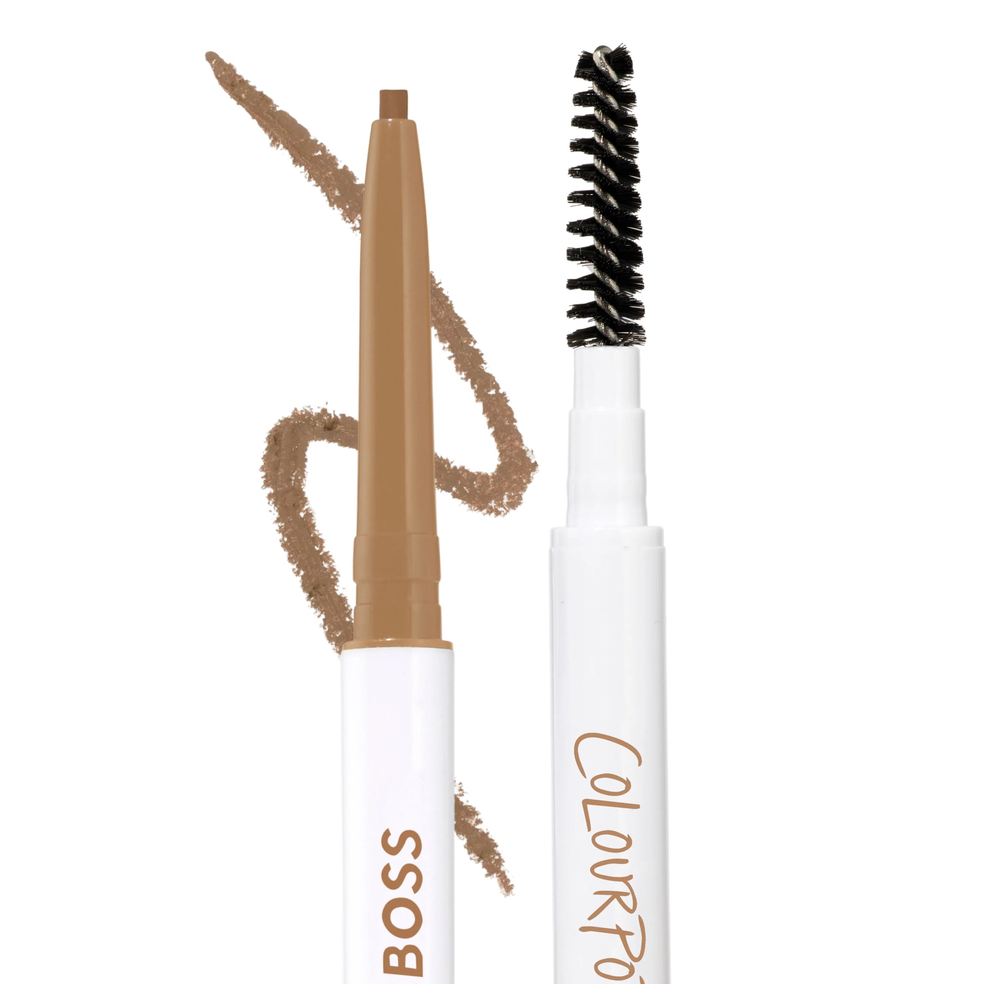 ColourPop Brow Boss Pencil in Blonde shade shown uncapped with a fine taupe brow makeup stroke and built-in spoolie brush on a white background, highlighting precise eyebrow defining and grooming in one dual-ended tool.