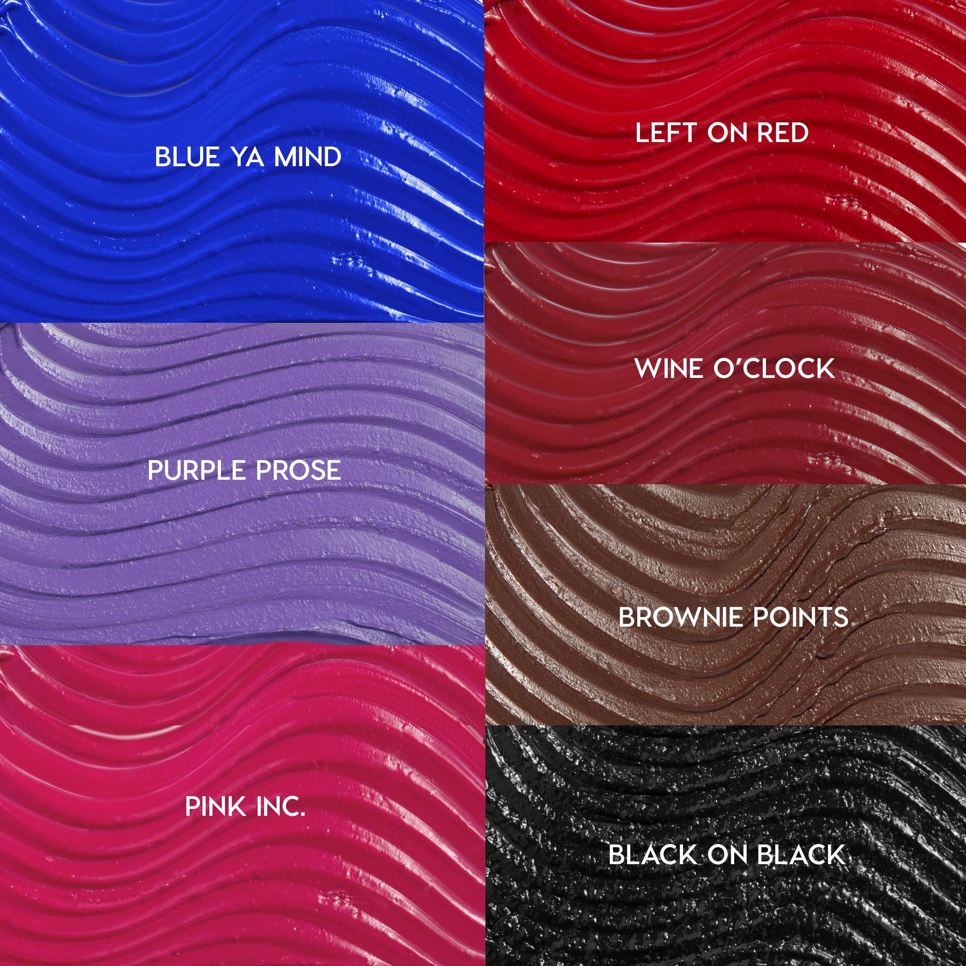 ColourPop BFF Mascara Purple Prose swatch showing a smooth, wavy pastel purple mascara stroke, centered in a grid alongside labeled shades Blue Ya Mind, Left on Red, Wine O’Clock, Brownie Points, Pink Inc., and Black on Black.