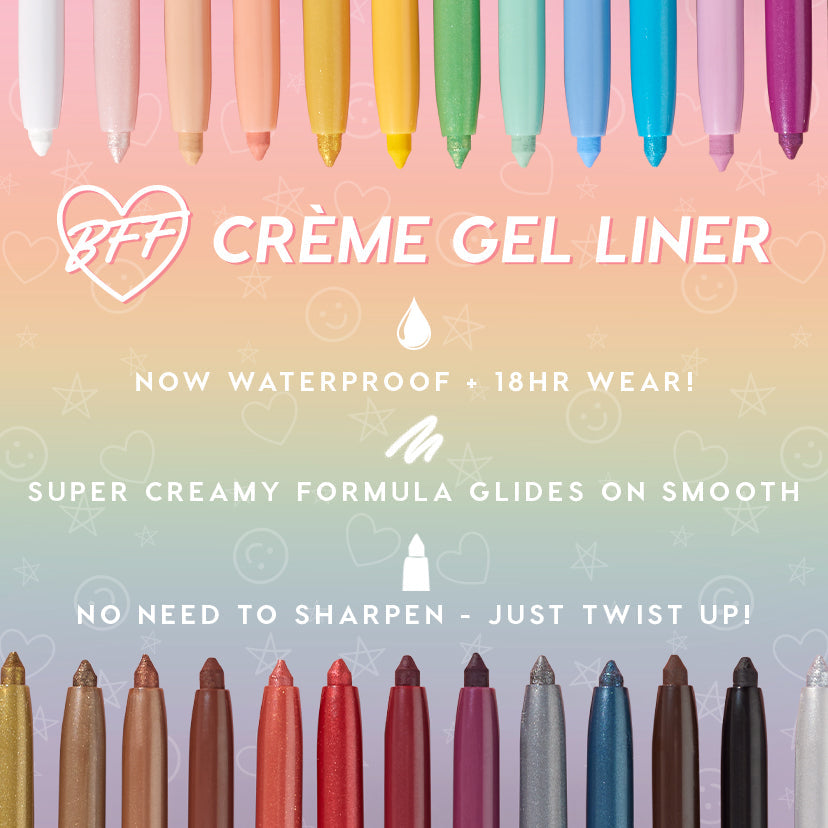 Calabasas Crème Gel Liner displayed with a rainbow lineup of ColourPop Crème Gel Liner pencils, tips extended, promoting waterproof 18‑hour wear, creamy glide, and twist‑up no‑sharpen design on a pastel gradient background with stars and smiley icons.