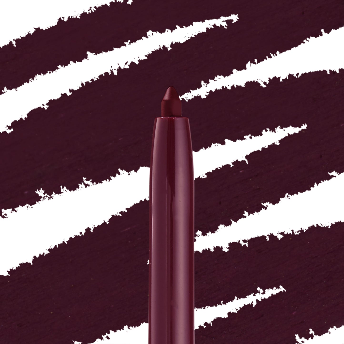 ColourPop Crème Gel Liner in Charmer shows a retractable, creamy tip in deep burgundy with a glossy plum barrel, gliding against bold wine swatches to showcase rich, long-wear eyeliner color and precise application.