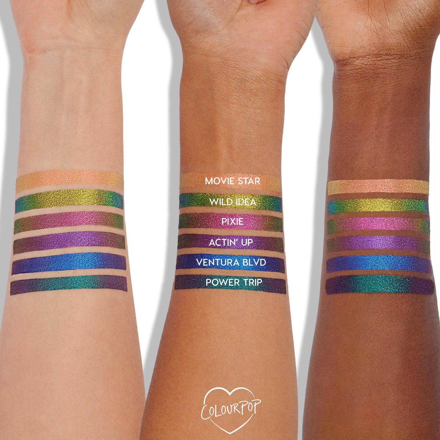 Movie Star Chrome Crème Gel Liner by ColourPop swatched on three arms, top stripe showing a peachy gold multi‑chrome shimmer; stacked swatches compare shades across light to deep skin tones with the ColourPop logo below.