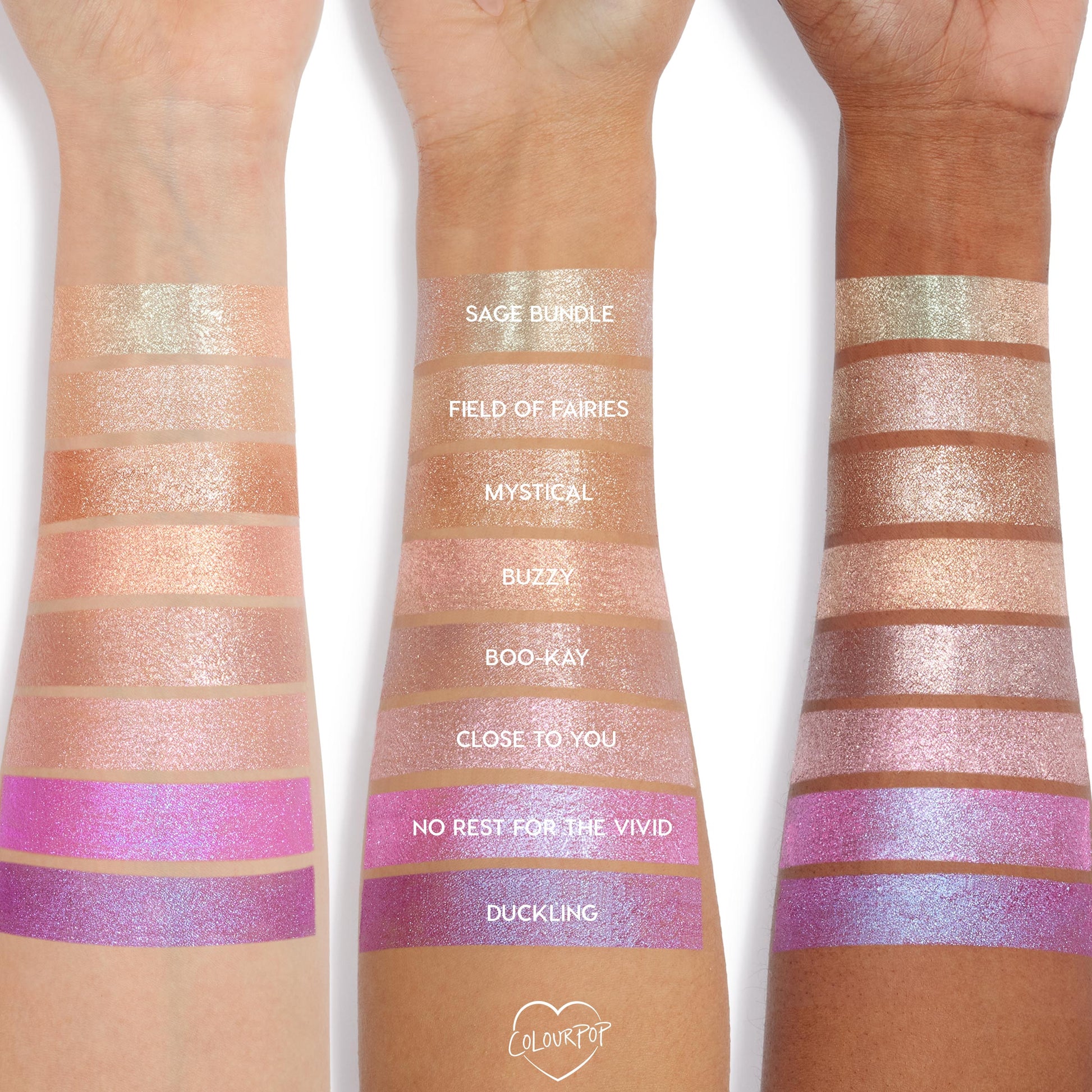 Close To You Jelly Much Shadow swatch glows pink‑lilac with iridescent shimmer on three forearms, shown alongside labeled shades from the ColourPop Jelly Much Shadow collection to compare high‑shine payoff across light to deep skin tones.