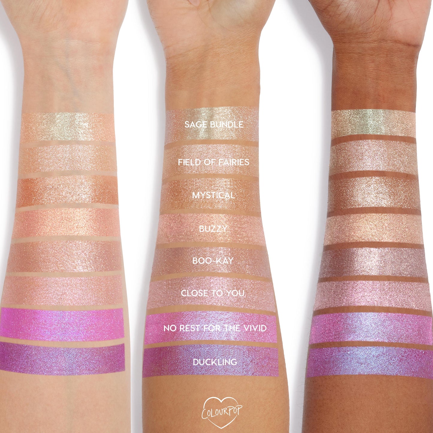 ColourPop Billionaire Jelly Much Shadow swatched on three arms in a gradient of shimmering shades, showcasing the metallic, high-shine eyeshadow finish and color payoff on multiple skin tones for US makeup lovers.