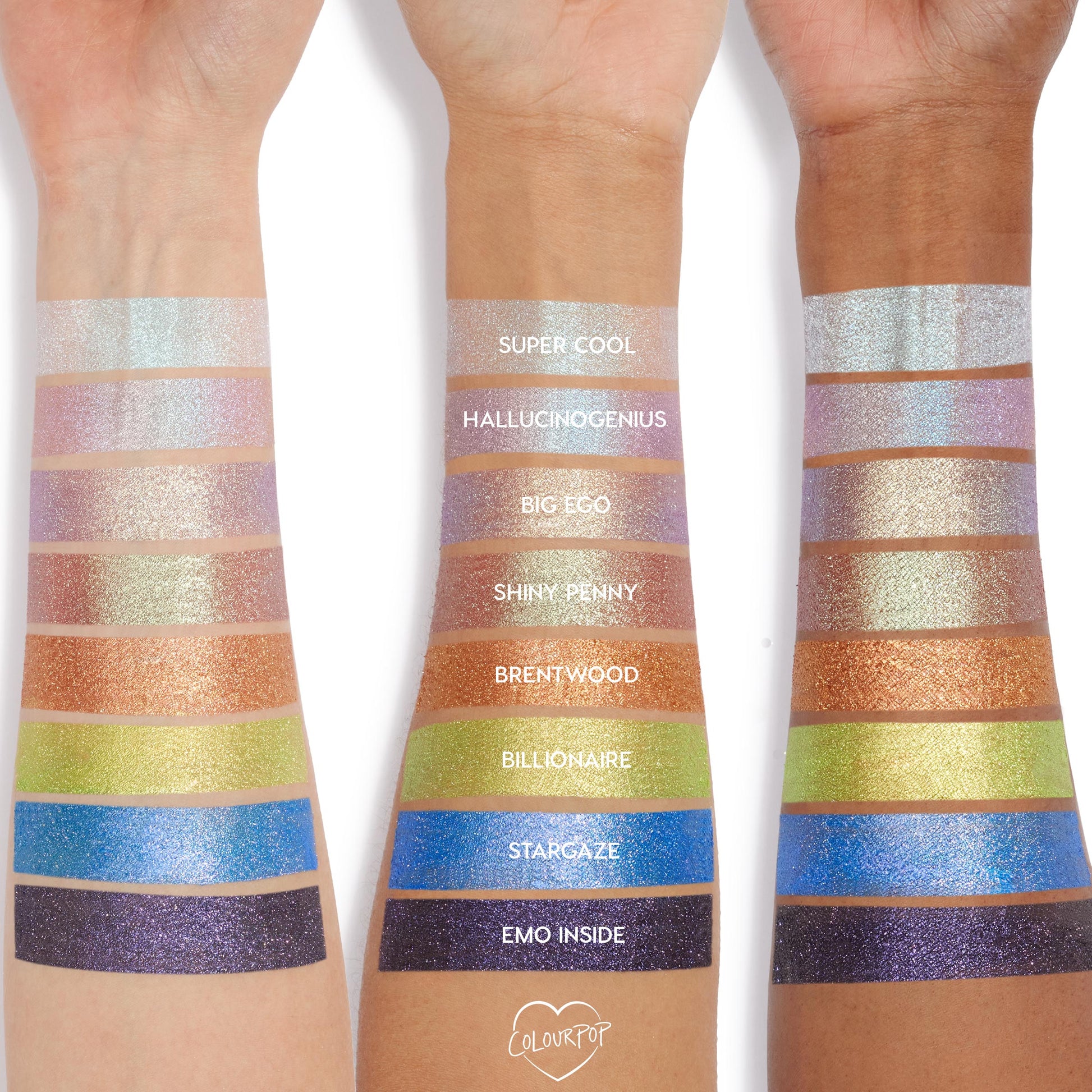 Brentwood metallic copper shade swatched across three arms, featured mid-stack in a labeled lineup of ColourPop Jelly Much Shadow, showing glossy, high-pigment jelly shadow payoff on fair, medium, and deep skin.