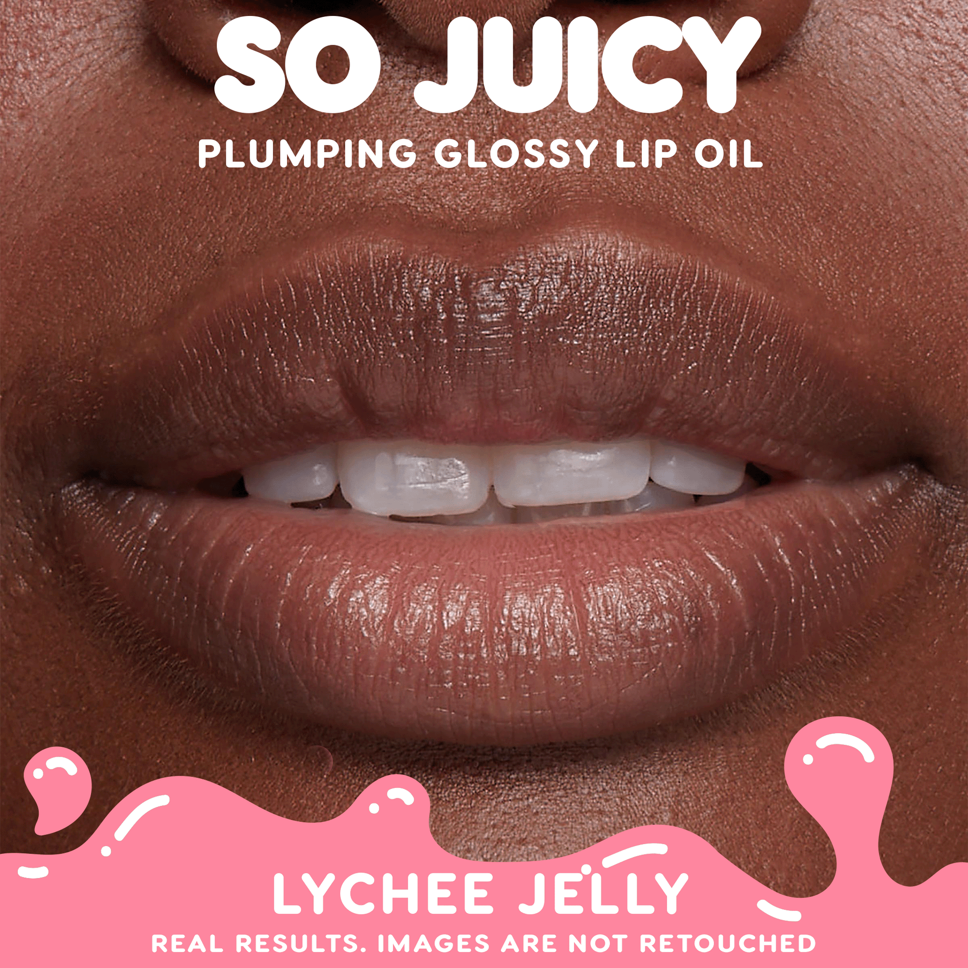 Close-up lips wearing Beverly Drive, ColourPop So Juicy Plumping Glossy Lip Oil, plumping to a smooth, hydrated, high-shine finish in a studio macro shot.