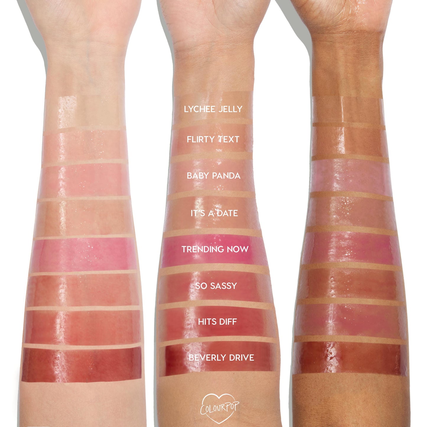 ColourPop So Juicy Plumping Glossy Lip Oil in Beverly Drive swatched on three arms from fair to deep skin tones; bottom swatch on each arm shows a warm rosy-brown tint with high-shine, plumping finish for comparison across complexions.